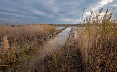 Bulgaristan 'ın Burgaz bölgesindeki Pomorie kasabası yakınlarındaki Pomorie tuz gölünün panoramik manzarası. Panorama