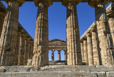 İtalya 'nın Paestum kentindeki Antik Yunan Athena Tapınağı güneşli bir günde mavi gökyüzüyle. Ünlü arkeolojik Paestum, Magna Graecia, antik kalıntılar.