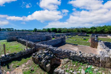 İtalya 'nın Paestum Arkeoloji Parkı' ndaki antik Yunan harabeleri ve taş sütunlar