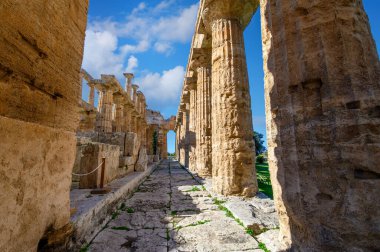 İtalya 'nın Paestum kentindeki Antik Yunan tapınağı Hera. Ünlü arkeolojik Paestum, Magna Graecia, antik kalıntılar.