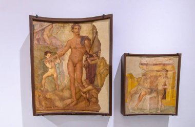 Napoli, İtalya. Ulusal Arkeoloji Müzesi 'ndeki Pompeii ve Herculaneum' dan antik Roma freskleri ve duvar resimleri.