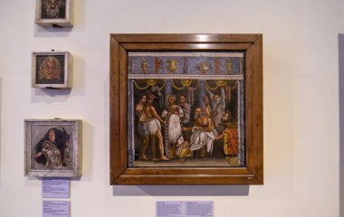 Napoli, İtalya. Ulusal Arkeoloji Müzesi 'ndeki Pompeii ve Herculaneum' dan antik Roma mozaikleri.
