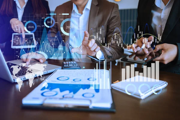 Financial report data of business operations (balance sheet and income statement and diagram) as Fintech concept.Business team meeting. digital tablet and computer laptop.