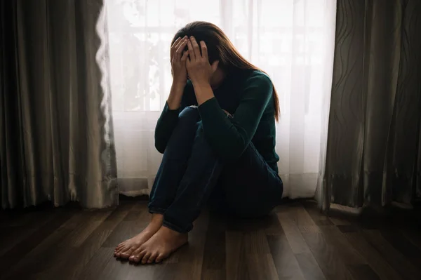 Woman Depression Home Window Curtains Melancholy Hopeless Mood — Foto Stock