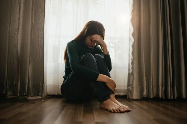 Barefoot Crying Woman Depression Sitting Window Curtains Melancholy Hopeless Mood — Foto Stock