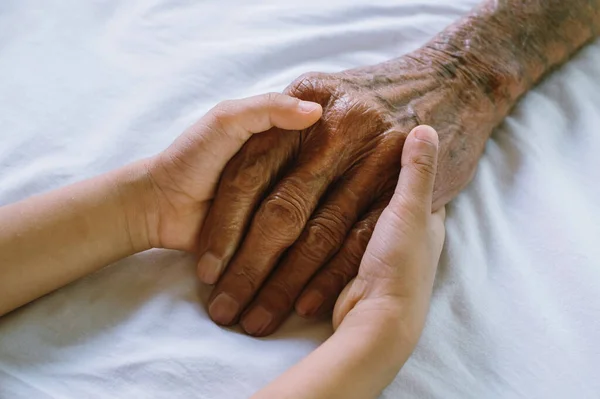 Den Gamle Mannens Händer Och Ett Barns Hand Den Vita — Stockfoto