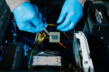 Teknisyen işlemciyi ana bilgisayarın prizine yerleştiriyor. Elektronik mühendislik, elektronik onarım, elektronik ölçüm ve test, onarım