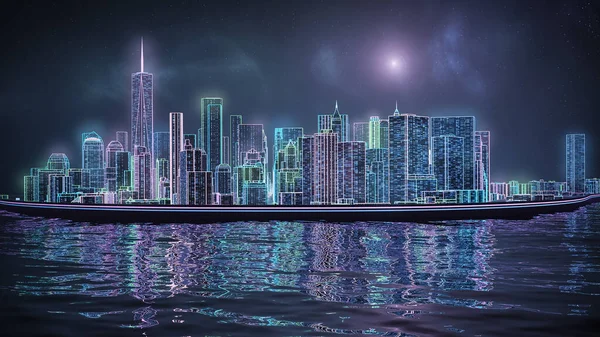 Retrowave Lub Synthwave Nowy Jork Manhattan Panorama Renderowania Ilustracji Ogólna — Zdjęcie stockowe