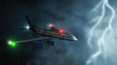 Fırtınada veya fırtınada uçan ticari uçaklar üç boyutlu resimleme yapıyor. Ulaşım, uçuş, hava durumu kavramları.