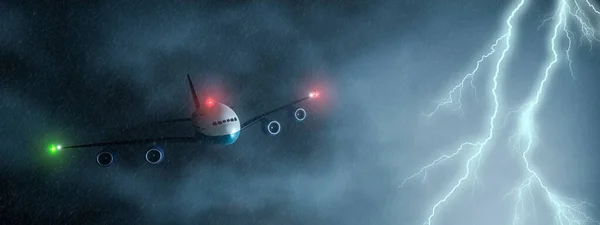 Commercial airplane flying through a storm or thunderstorm 3D rendering illustration. Transportation, flight, weather concepts.
