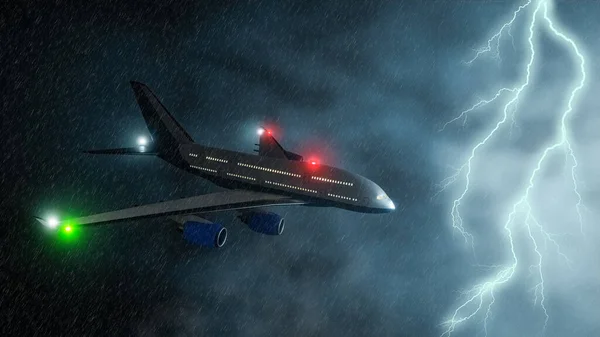 Commercial airplane flying through a storm or thunderstorm 3D rendering illustration. Transportation, flight, weather concepts.