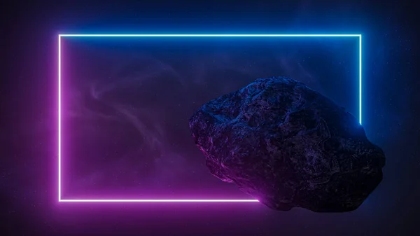 Asteroid Outer Space Framed Retro Blue Purple Neon Light Abstract — Stock Photo, Image