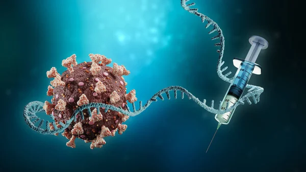 Coronavirus ya da sars-cov-2 virüs hücresi, kurye RNA ya da mRNA ile mavi zemin üzerinde şırınga ve kopya uzayı ile illüstrasyon. Aşı veya aşı, bağışıklık, salgın, bilim, tıp, tıbbi teknoloji kavramı.
