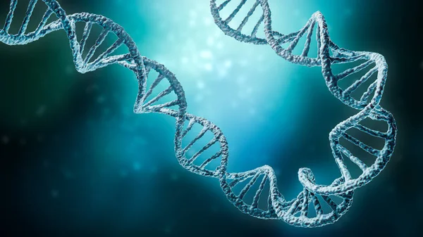 Double helix DNA strands on a blue background with copy space 3D rendering illustration. Genetics, science, genome, medicine, biology concepts.
