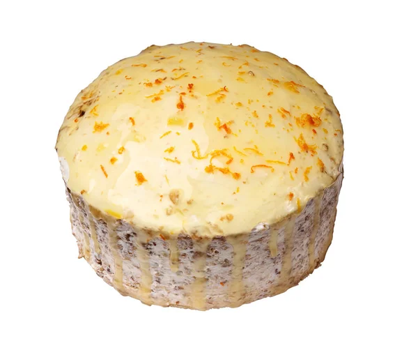 비스킷 케이크는 반투명의 노란색 유약을 배경에 분리되어 오렌지 조각으로 장식하였다 — 스톡 사진