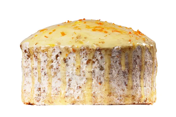 비스킷 케이크는 반투명의 노란색 유약을 배경에 분리되어 오렌지색 껍질과 호두로 — 스톡 사진