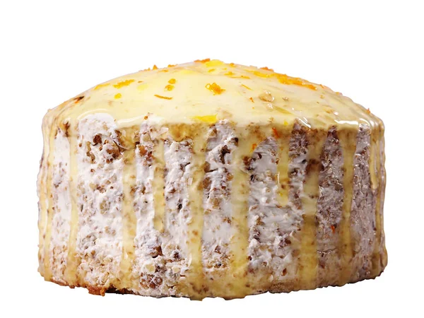 Biscuit Creamy Cake Glazed Translucent Yellow Glaze Decorated Shavings Orange — Stock Photo, Image