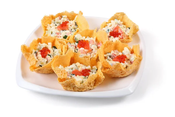 Sechs Körbe Aus Käse Mit Salat Mit Lachskaviar Auf Weißem Stockbild