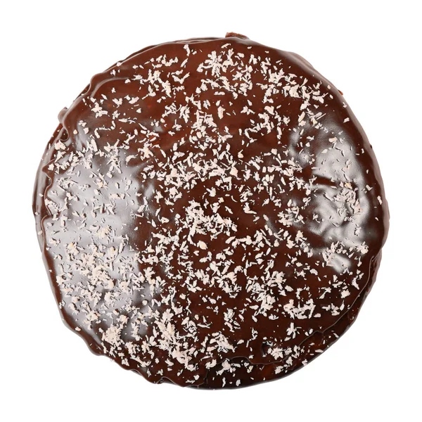 白い背景にココナッツフレークを散りばめた丸みを帯びたグレーズケーキ トップ表示 — ストック写真