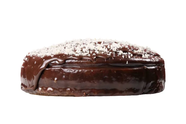 Glasiert Mit Schokolade Runden Kuchen Isoliert Auf Weißem Hintergrund Seitenansicht Stockfoto