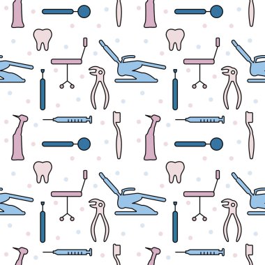 Diş bakımı, Ortodontik, Çizgi Simgeli Kusursuz Desen. Diş hekimi, tıbbi ekipman, diş teli, diş ipi, diş ipi, diş ipi tedavisi, diş macunu..