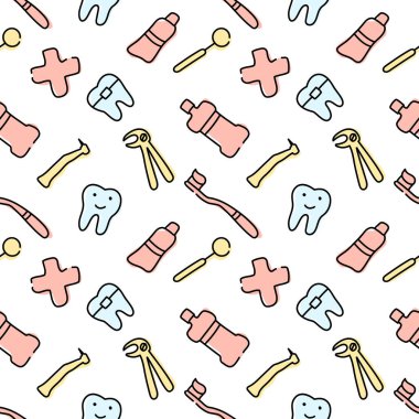 Diş bakımı, Ortodontik, Çizgi Simgeli Kusursuz Desen. Diş hekimi, tıbbi ekipman, diş teli, diş ipi, diş ipi, diş ipi tedavisi, diş macunu..