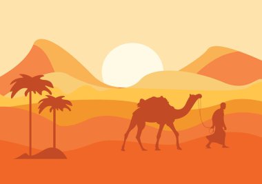 Kaktüs, Tepeler ve Dağlar siluetleriyle çöl manzarası. Vektör Doğa Yatay Arkaplan Tasarımı