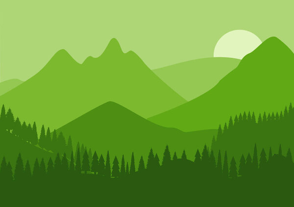 Desert Landscape with Cactus, Hills and Mountains Silhouettes. Vector Nature Horizontal Background Design