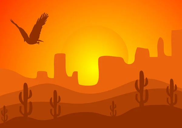 Krajobraz Pustynny Kaktus Wzgórza Góry Sylwetki Wektor Natura Horyzontalny Projekt — Wektor stockowy