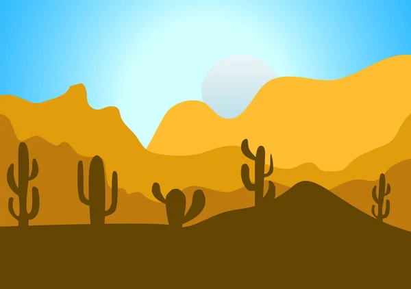 Paisaje Del Desierto Con Siluetas Cactus Colinas Montañas Vector Naturaleza — Vector de stock