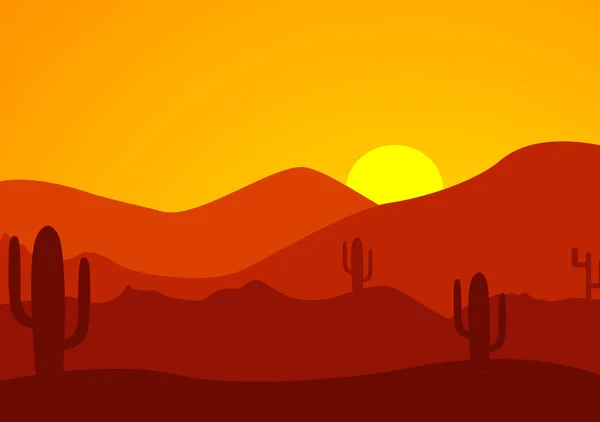 Paisaje Del Desierto Con Siluetas Cactus Colinas Montañas Vector Naturaleza — Vector de stock