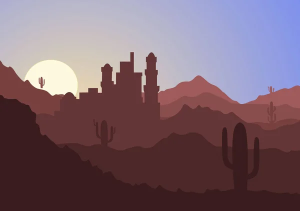 Desert Landscape with Cactus, Hills and Mountains Silhouettes. Vector Nature Horizontal Background Design