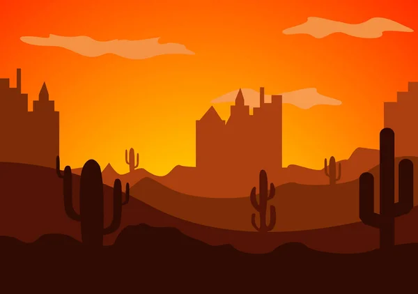 Paysage Désertique Avec Silhouettes Cactus Collines Montagnes Vecteur Nature Horizontal — Image vectorielle