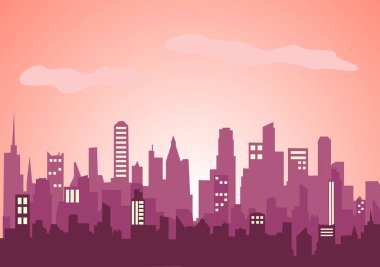 Şehir Peyzaj Binaları ve Mimari Siluet Vektör Arkaplan Kolajı. Basit Geometrik Düz Tasarım Çizimi