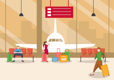 Yeni norma, Maskeli Vektör illüstrasyonlu İnsanlar Havalimanı İçişleri Terminalinde Oturuyorlar, İş Seyahati Konsepti. Düz tasarım şablonu