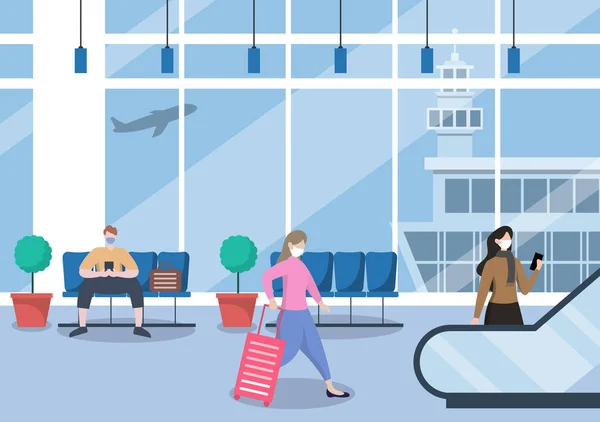 新的归纳法 矢量图上的人在面具站在自动扶梯机场内部终端 商务旅行的概念 平面设计模板 — 图库矢量图片