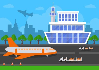 Bilgi aktarımlı uçakla havalimanı Terminal binası ve farklı ulaşım tipi elementler, Vector illüstrasyonu