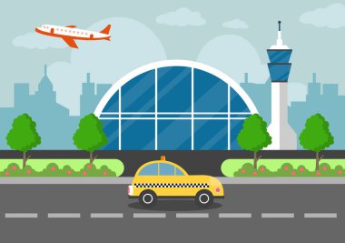 Bilgi aktarımlı uçakla havalimanı Terminal binası ve farklı ulaşım tipi elementler, Vector illüstrasyonu
