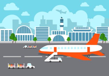 Bilgi aktarımlı uçakla havalimanı Terminal binası ve farklı ulaşım tipi elementler, Vector illüstrasyonu