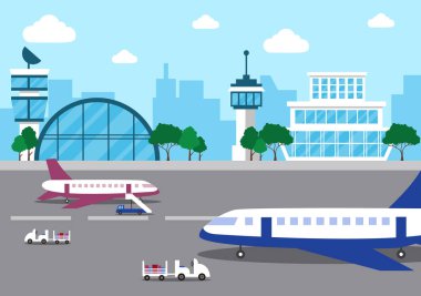 Bilgi aktarımlı uçakla havalimanı Terminal binası ve farklı ulaşım tipi elementler, Vector illüstrasyonu