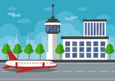 Bilgi aktarımlı uçakla havalimanı Terminal binası ve farklı ulaşım tipi elementler, Vector illüstrasyonu