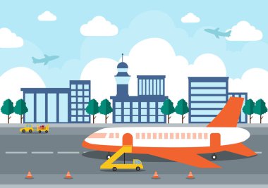 Bilgi aktarımlı uçakla havalimanı Terminal binası ve farklı ulaşım tipi elementler, Vector illüstrasyonu
