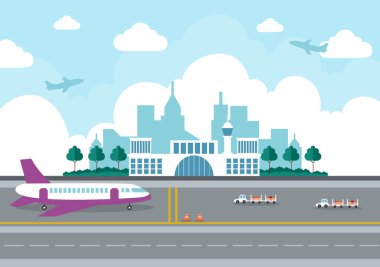 Bilgi aktarımlı uçakla havalimanı Terminal binası ve farklı ulaşım tipi elementler, Vector illüstrasyonu