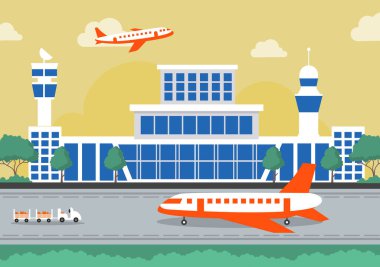 Bilgi aktarımlı uçakla havalimanı Terminal binası ve farklı ulaşım tipi elementler, Vector illüstrasyonu