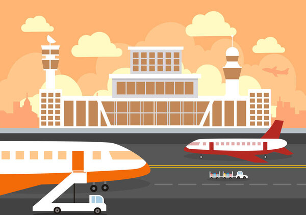 Airport Terminal building with infographic aircraft taking off and Different transport types elements templates Vector illustration