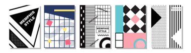 Bir set Memphis Style Covers. Arkaplan, Broşürler, Posterler ve Sancaklar için Düz Vektör Resimleri