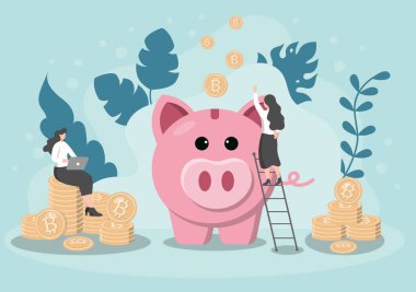 İşadamı Madenciler ve Madenciler ile Kripto Para İllüstrasyon Daire Tasarımı. Finansal Teknoloji, Engelleme ve Veri Analizi Konsepti için