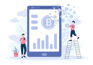 İşadamı Madenciler ve Madenciler ile Kripto Para İllüstrasyon Daire Tasarımı. Finansal Teknoloji, Engelleme ve Veri Analizi Konsepti için