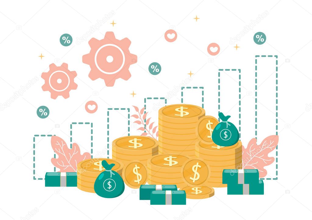 Investments Flat Illustration for Banner Business Solution, Web Page Analysis of Sales, Statistic Grow Data, Accounting, Innovative Ideas, and Cash Profits Concept