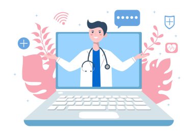 Smartphone ya da Bilgisayar Bağlı İnternet Kliniği Uygulaması yoluyla Doktor Vektör İllüstrasyonu, Tıp Danışmanlığı ve Tedavisi Online Sağlık ve Tıbbi Konsepti. Modern Düz Web İniş sayfası veya Bayrak Tasarımı